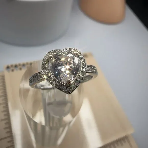 Silver Heart Cut Stone Ring with Pave Detailing Adjustable - Picture 13 of 14